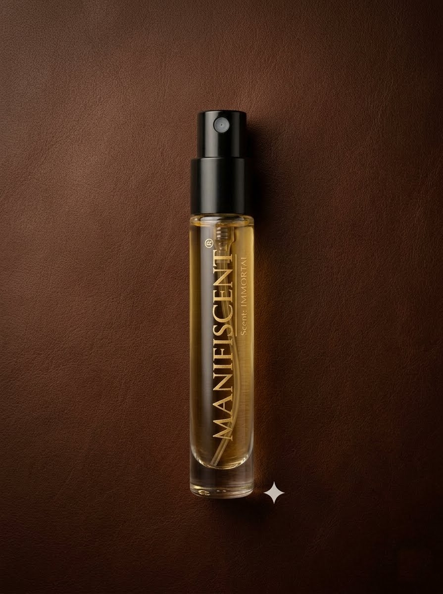 Single MΛNIFISCENT Immortal 10ml fine-mist vial on brown leather